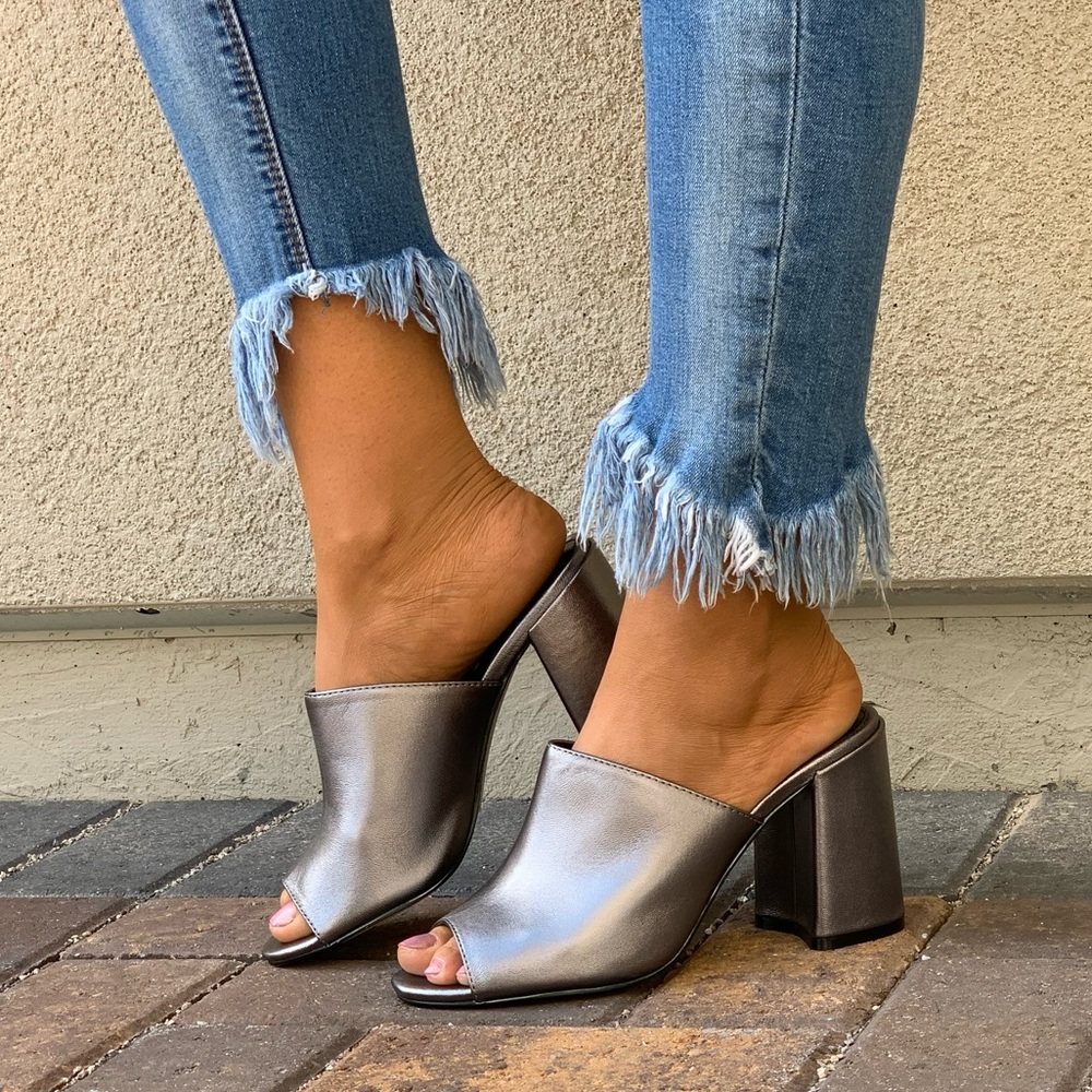 Metallic Silver Leather Peep Toe Chunky Heel Mule - Picture 5 of 8